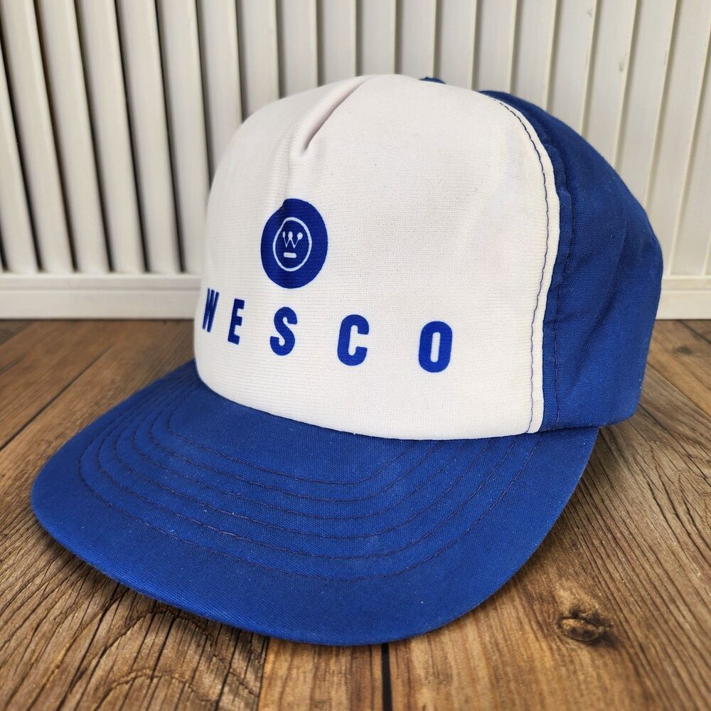 VINTAGE Wesco Foam Trucker Hat Cap White Blue Snapback Young An 80s 90s Farmer